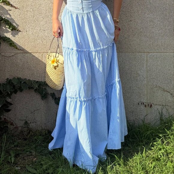 Blue And White Casual Women's Plaid Ruffle Trim Waist Strap Dress - Picture 2 of 7